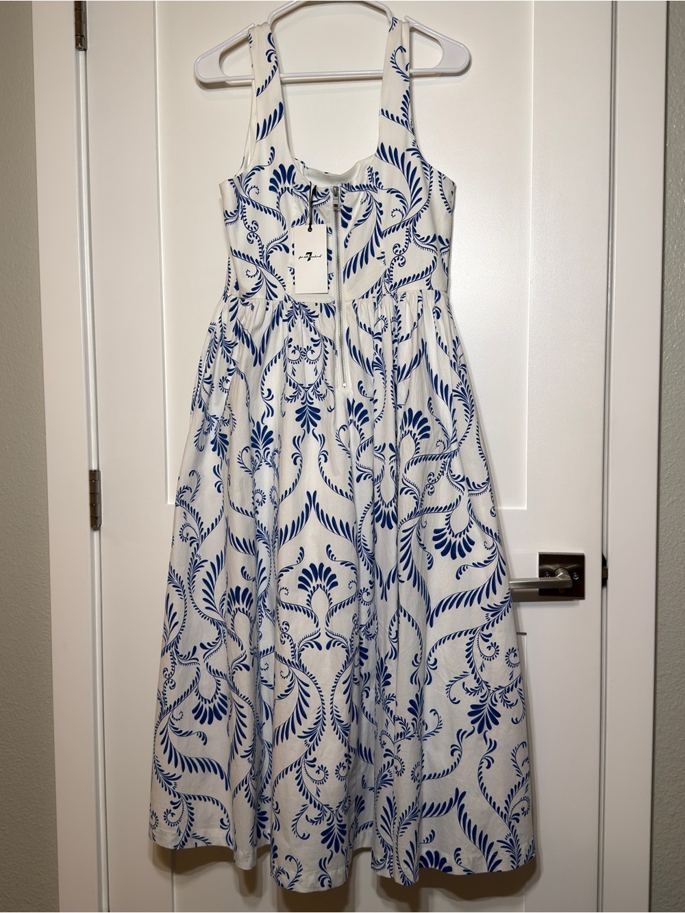 7 For All Mankind White/Blue Floral Square Neck A-Line Midi Zip Dress 10 NWT - Picture 7 of 14
